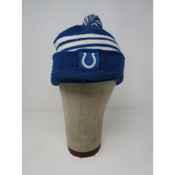 NFL Football Indianapolis Colts Beanie Hat Blue White Striped Pom Pom Patch Logo - Picture 2 of 12